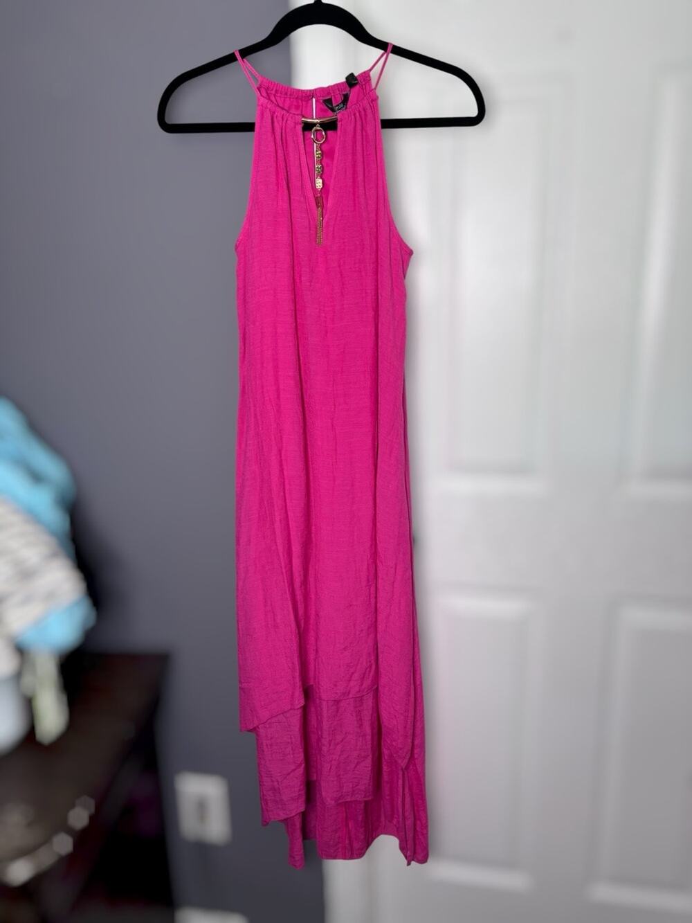 Mlle Gabrielle Pink Layered Halter Dress Gold Charm S